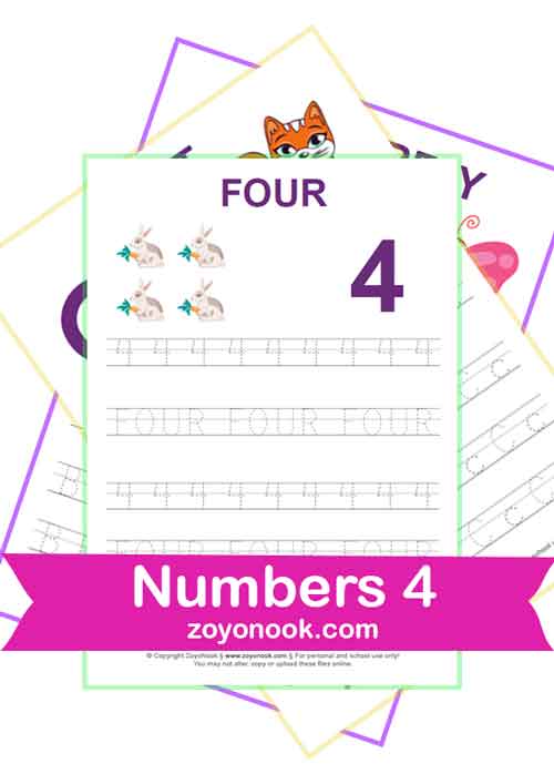 Free Printable Math Numbers activity Worksheets – Number 4 Four Sheets